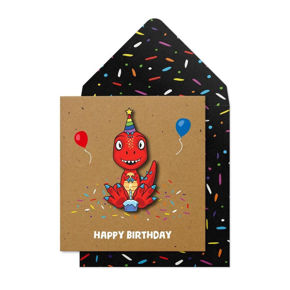 eychetiria_karta_happy_birthday_kokkinos_deinosayros_tourta_tache_crafts_ltd Ευχετήρια Κάρτα "Happy Birthday" Κόκκινος Δεινόσαυρος Τούρτα - Image 1